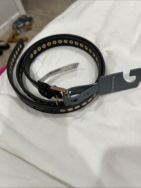 All Saints Black Leather Studded Waist Belt with Gold Hardware
